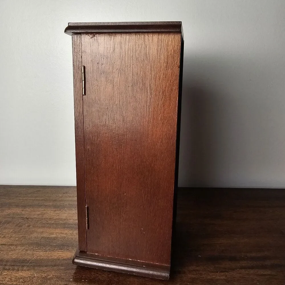 Vintage Wooden Tabletop Jewelry Armoire with Etched Floral Glass Door